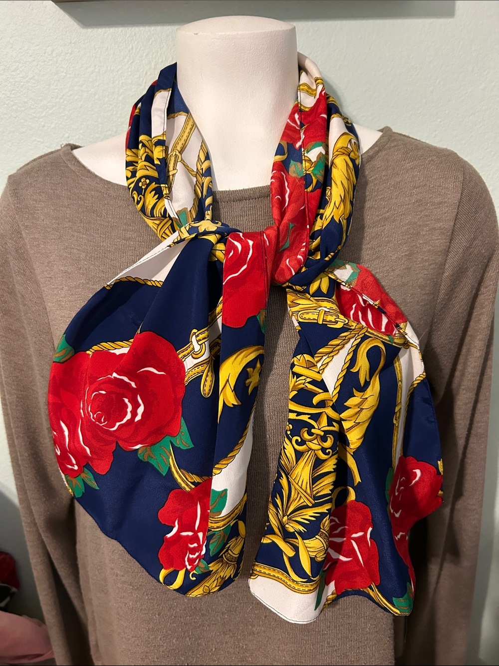 vintage scarf gold baroque rope, chain, red roses medallion print navy white